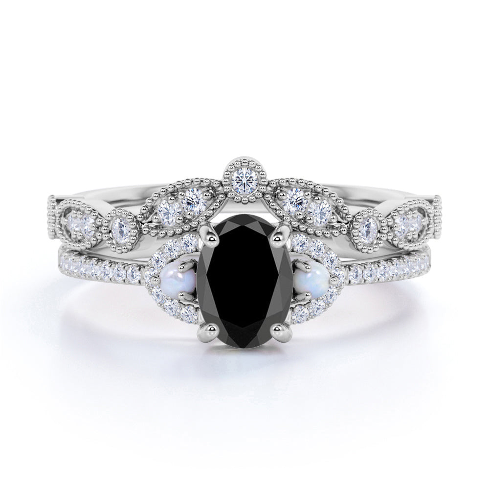 Exquisite Art Deco 1.75 Carat Oval cut Lab Black Diamond with Pearls Wedding Ring Set in Rose Gold