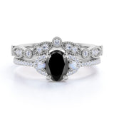 Exquisite Art Deco 1.75 Carat Oval cut Lab Black Diamond with Pearls Wedding Ring Set in Rose Gold