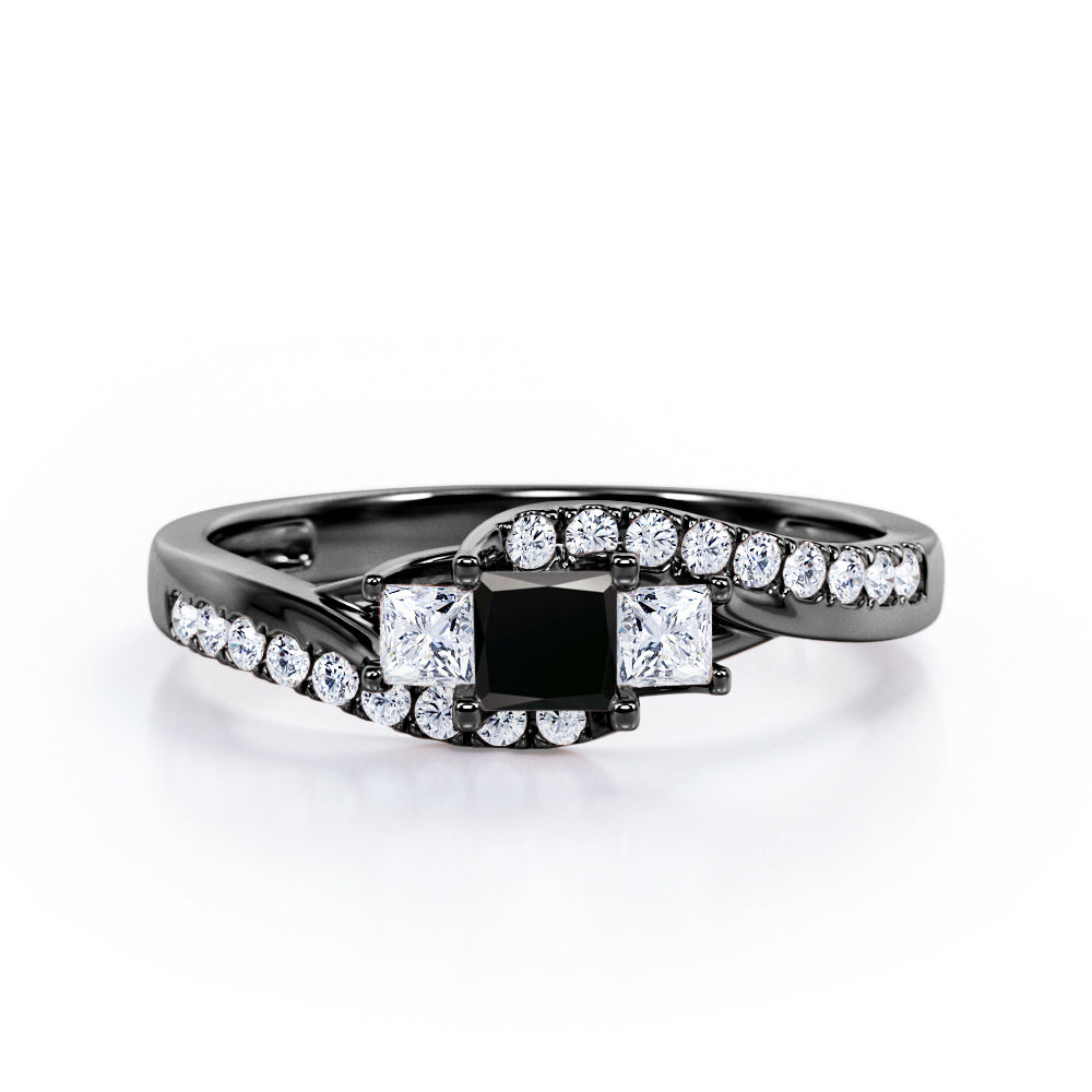 Trellis Three Stones 1 carat Princess Black Diamond Braided Engagement Ring in Rose Gold