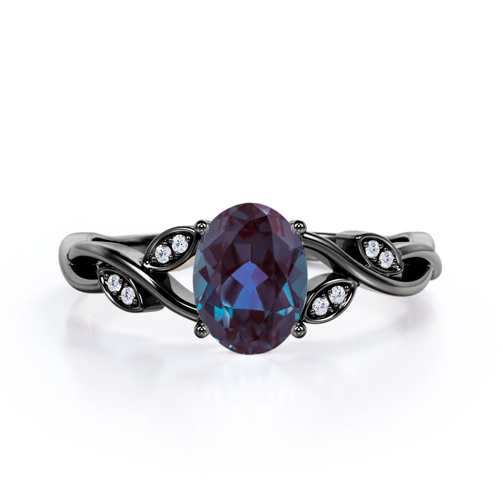 Twisted Leaf Art Deco 1.10 Carat Oval Cut Lab Created Alexandrite And Diamond Infinity Style Engagement Ring In White Gold