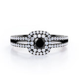 Split Shank 1.55 Carat Round Cut Black Diamond Double Halo  Engagement Ring In Black Gold