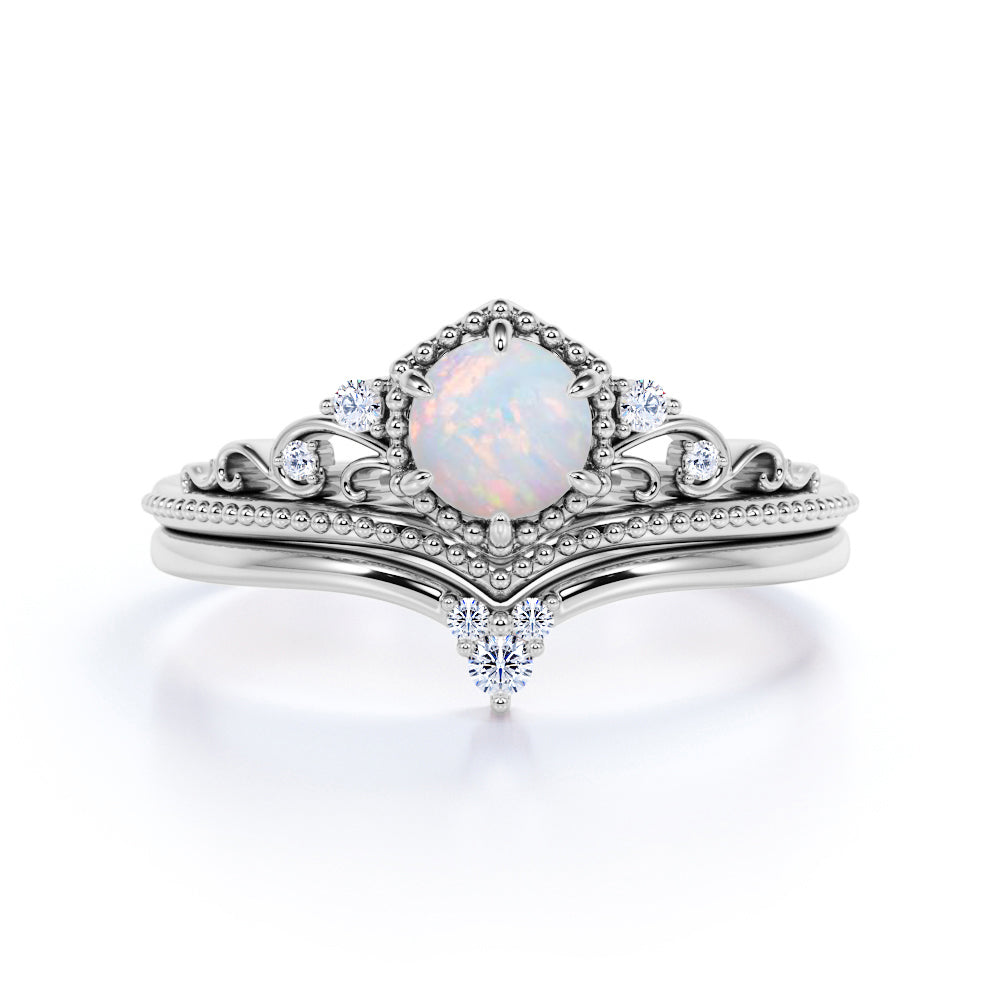 0.75 Ct Round Cut Lab Created Opal Crown Wedding Ring Set