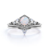 0.75 Ct Round Cut Lab Created Opal Crown Wedding Ring Set