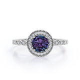 Beaded Vintage 1.40 Carat Round Cut Lab Created Alexandrite And Diamond Halo Engagement Ring In White Gold