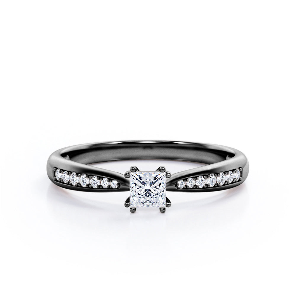 Double-Prong 0.35 TCW Princess Cut Diamond Pave-Channel Engagement Ring in White Gold