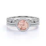 Designer 2 Carat Round Cut Peach Morganite and Diamond Trio Wedding Ring Set in 10k White Gold Celebrity Ring