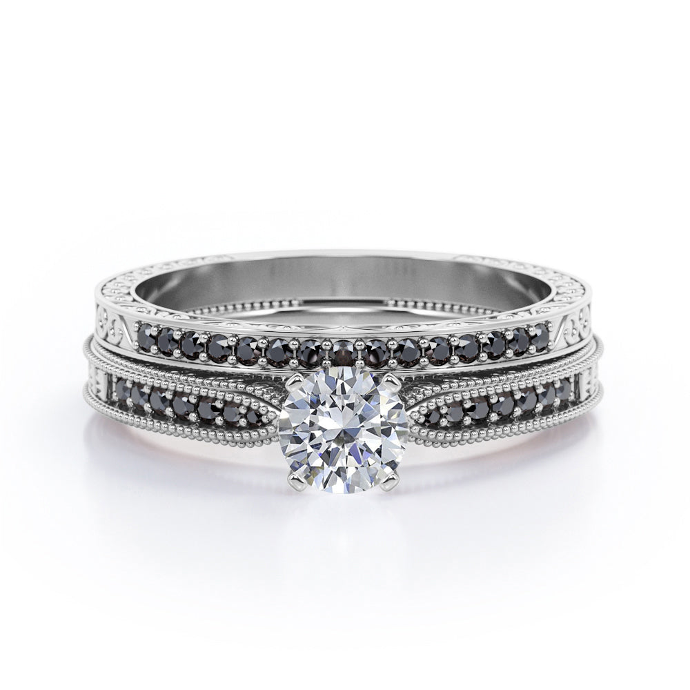 Milgrain-Edged 1.5 TCW Round-Shaped Moissanite with Lab Created Black Diamond Art Deco Victorian Design Wedding Set in Rose Gold