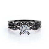 Milgrain Filigree Decorated 1.6 TCW Round Shaped Moissanite with Lab Created Black Diamond Twisted Pave Wedding Set in White Gold