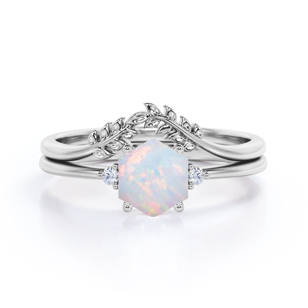 Leaf Style Four Prong 0.55 Carat Hexagon Shaped Fire Opal  And Diamond Nature Inspired Three Stone Wedding Ring Set In White Gold
