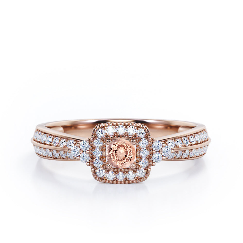 Double Pave Channel 1.5 Carat Round-Shaped Morganite and diamond Halo Cluster Engagement Ring in  White Gold
