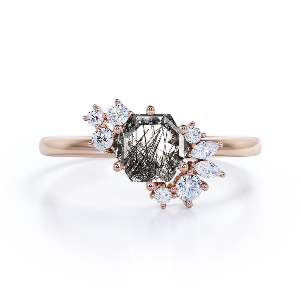 1.35 ct Hexagon Black Rutilated Quartz Six Prong Engagement Ring