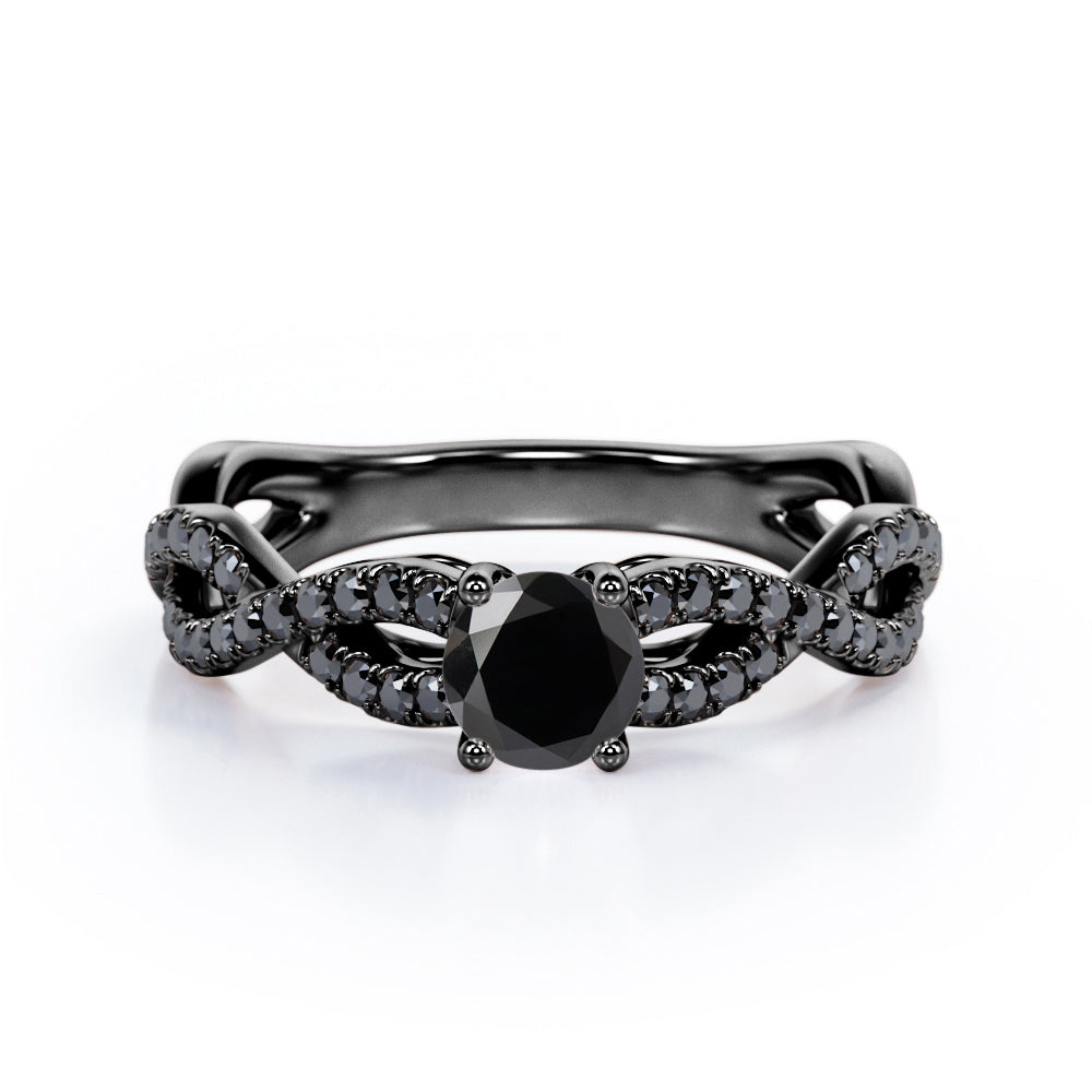 Twisted Pave Setting 1.65 TCW Round Brilliant Cut Lab Created Black Diamond 4-Prong Engagement Ring in White Gold
