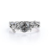 0.75 Ct Round Salt and Pepper Diamond Leaf Wedding Ring Set