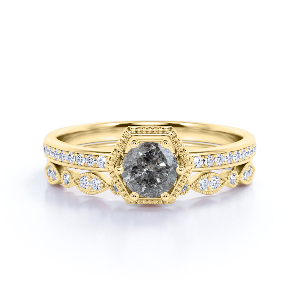 Hexagon Bezel Set 1 Carat Round Cut Natural Black Grey Salt and Pepper Diamond Channel Set Art Deco Bridal Set Rings