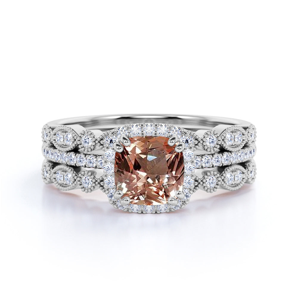 Classic 2 Carat Cushion Cut Peach Morganite and Diamond Trio Wedding Ring Set in 10k Rose Gold Customized Ring