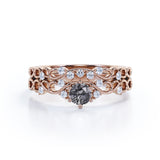 Unique Filigree 0.65 Carat Round Cut Black Needles Rutilated Quartz and Diamond Art Nouveau Wedding Ring Sets