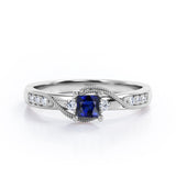 Double Curved Line Milgrain 0.55 carat Princess Blue Sapphire and Moissanite Dainty Engagement Ring in White Gold
