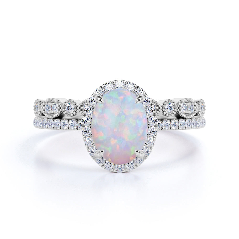 Cluster 1.75 Carat Oval Cut Fire Opal and Diamond Halo Bridal Set with Art Deco Band in Rose Gold