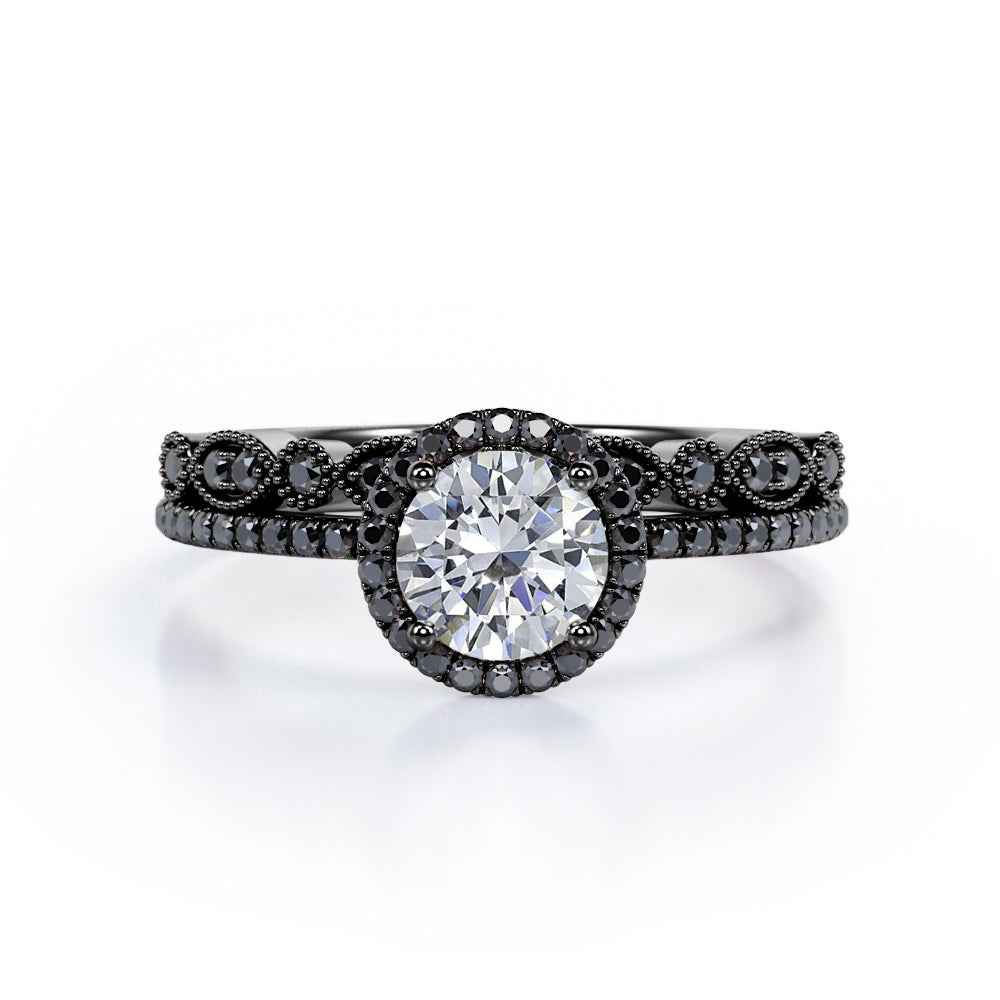 Art Deco Pave Setting - 1.65 TCW Round Cut Moissanite with Lab Created Black Diamond - Halo Design Bridal Set in Yellow Gold