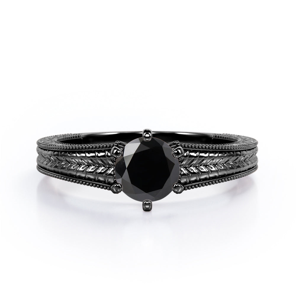 Vintage Bowtie Filigree 1 carat Round Black Diamond Solitaire Engagement Ring in Rose Gold