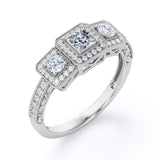 Vintage Milgrain 0.75 Carat Princess Cut Diamond Trilogy Halo Engagement Ring In White Gold