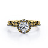 Art Deco Pave Setting - 1.65 TCW Round Cut Moissanite with Lab Created Black Diamond - Halo Design Bridal Set in Yellow Gold