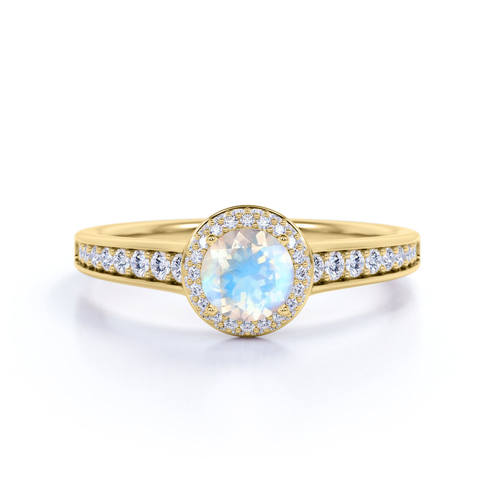1.25 Carat Round Moonstone Halo Ring in White Gold - Rainbow Moonstone Wedding Ring