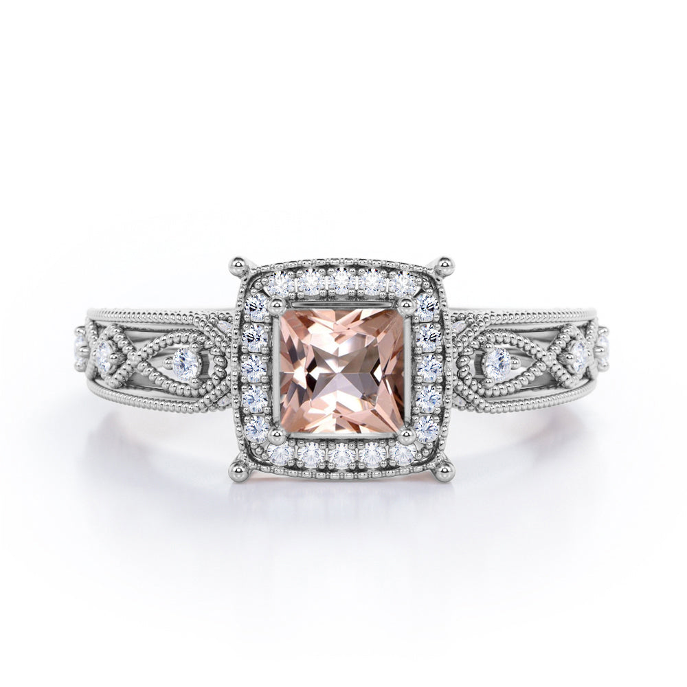 Designer Beaded 1.35 Carat Princess Cut Morganite And Diamond Halo Engagement Ring In Rose Gold