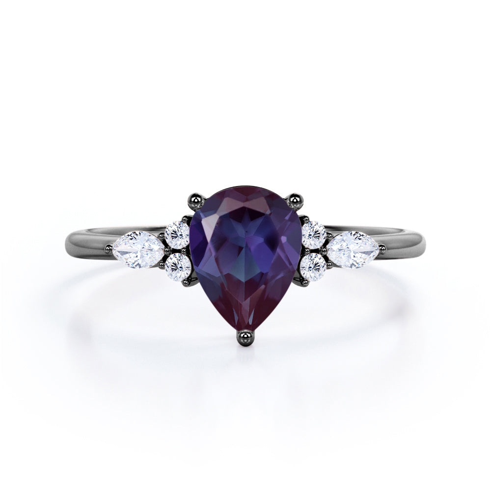 Affordable 1.35 Carat Tear Drop Lab Created Alexandrite And Diamond  Seven Stone Engagement Ring In White Gold.