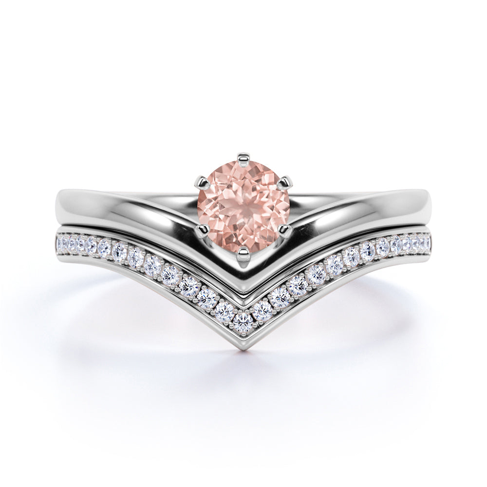 V Shaped Style 1.75 Carat Round Morganite and Diamond Bead Bright Wedding Set in Rose Gold