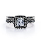 Art-Deco Pave Accented 1.7 TCW Princess Cut Moissanite with Lab Created Black Diamond Double Halo Bridal Ring Set in White Gold