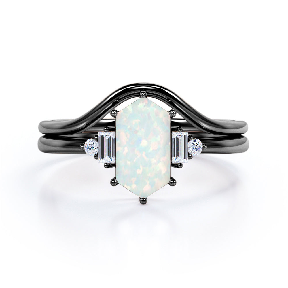 Modern Six Prong Basket Set 1.15 Carat Hexagon Shaped Ethiopian Opal And Diamond Five Stone Curved Bridal Set In Rose Gold