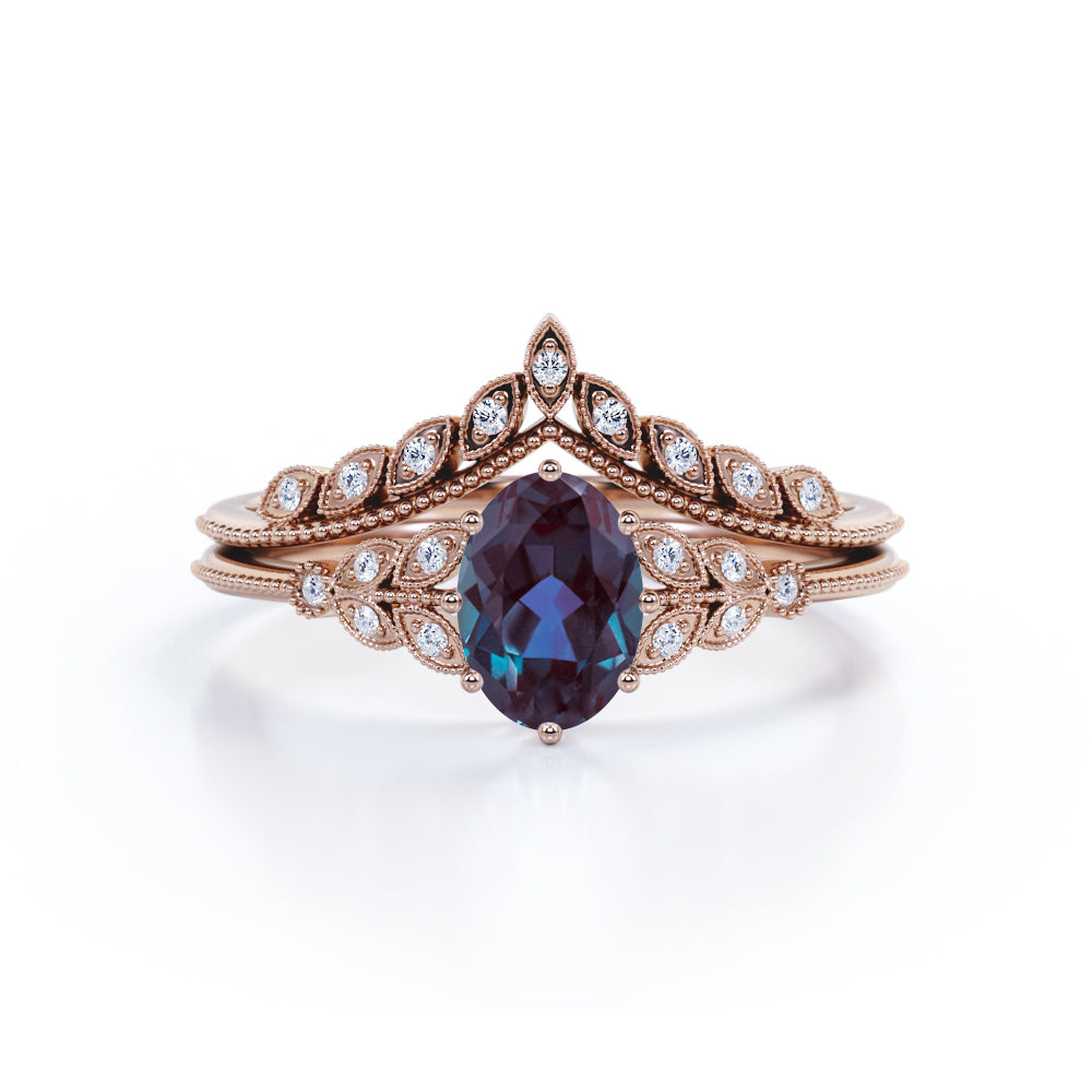 Unique Floral Design 1.50 Carat Oval Cut Lab Made Purple Alexandrite and Diamond Filigree Milgrain Wedding Ring Sets - Bridal Set Rings in White Gold for Women