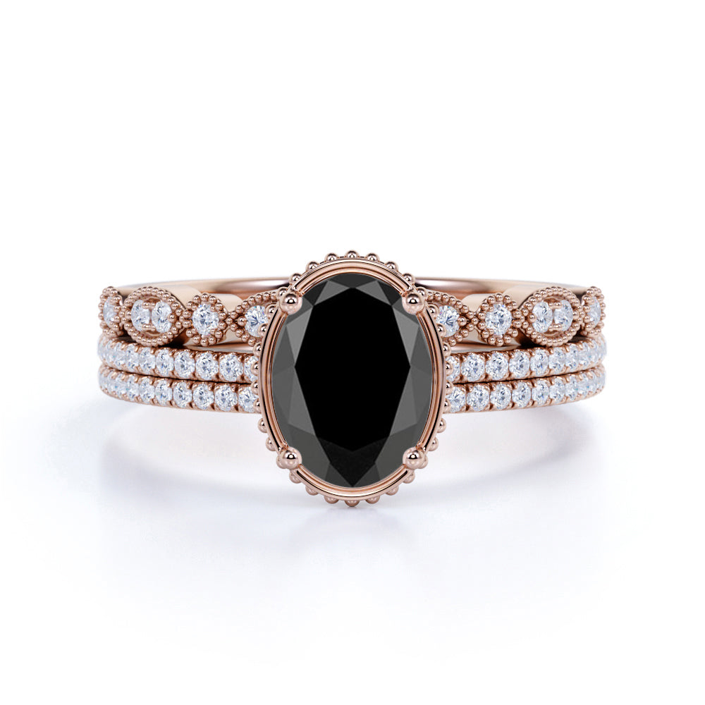 1.75 Carat Oval cut Lab Black Diamond Trio Wedding Ring Set for Women in White Gold
