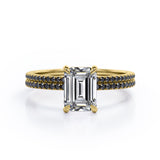 4-Prong Setting 1.65 TCW Emerald Cut Moissanite with Lab Created Black Diamond Wedding Set with Pave Accents in White Gold