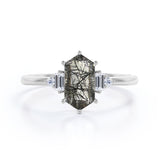 1.15 ct Hexagon Black Rutilated Quartz Five Stone Engagement Ring