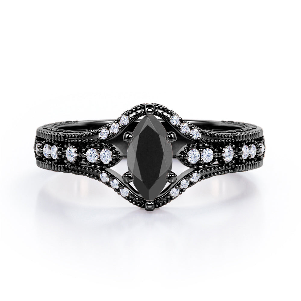 Unique Six Prongs 1.25 Carat Marquise Cut Black Diamond Vintage Filigree Engagement Ring In White Gold