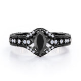 Unique Six Prongs 1.25 Carat Marquise Cut Black Diamond Vintage Filigree Engagement Ring In White Gold