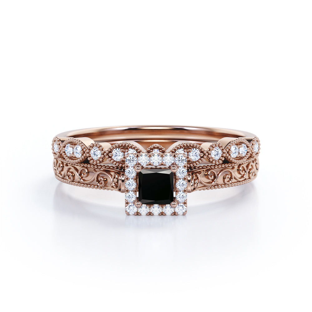 1.3 Carat Princess Cut Lab Grown Black Diamond Antique Bridal Set In White Gold