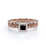 1.3 Carat Princess Cut Lab Grown Black Diamond Antique Bridal Set In White Gold