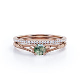 Dainty Solitaire 1.25 Carat Round Cut Genuine Dendritic Moss Agate with Diamond Pave Band Art Deco Wedding Ring Sets