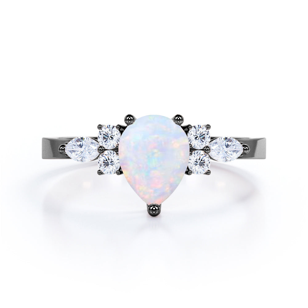 Unique Three Prong 1.35 Carat Tear Drop Precious Fire Opal And Diamond Seven Stone Engagement Ring In Rose Gold