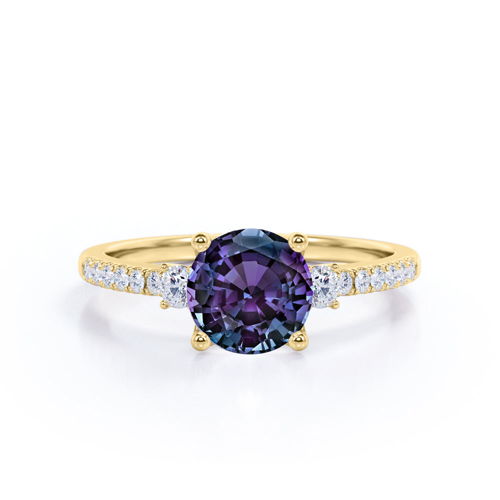 Classic Simple Three Stone 1.50 Carat Round Cut Lab Created Alexandrite and Diamond Half Eternity Pave Engagement Ring in Rose Gold for Women