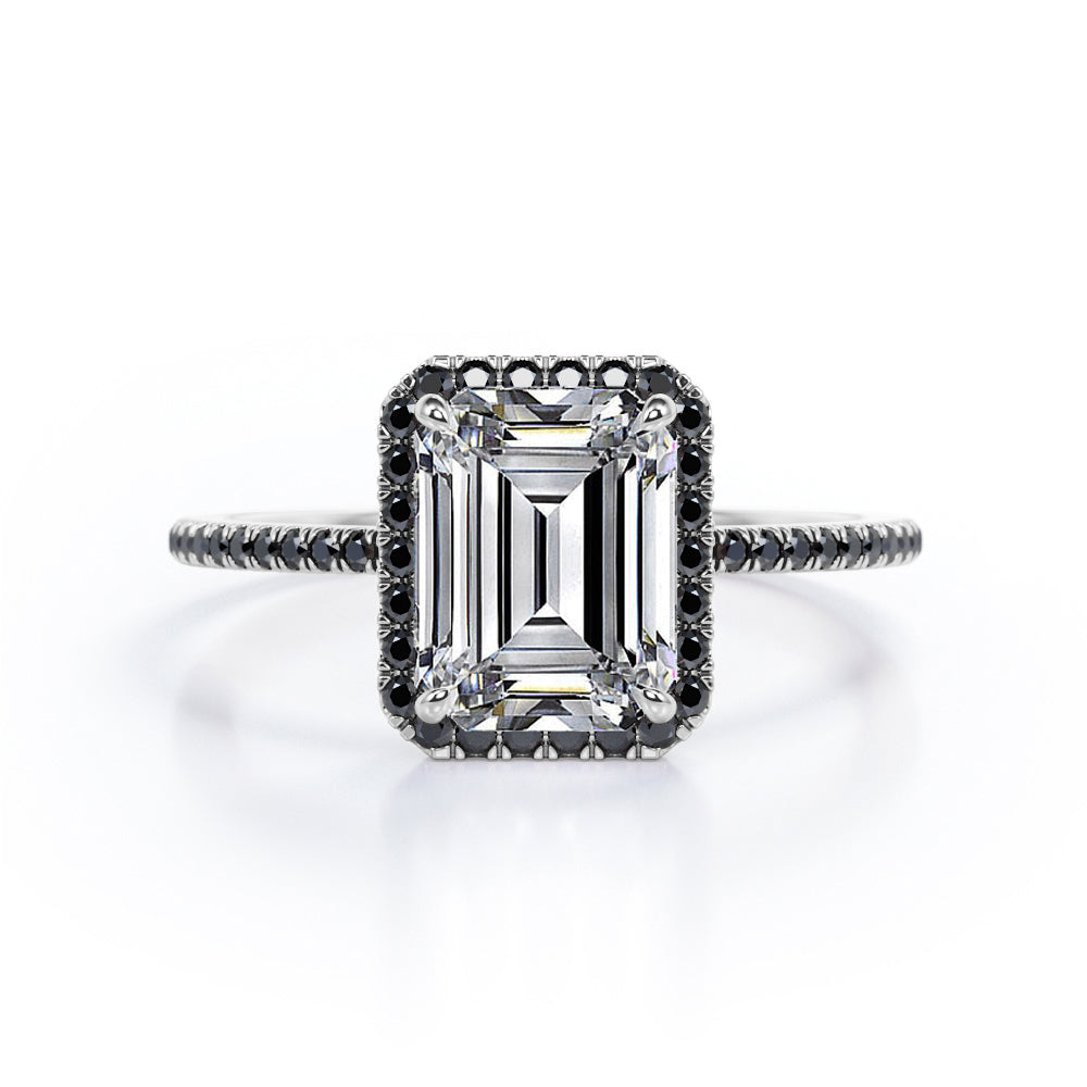 Halo-Style 1.5 TCW Emerald Cut Moissanite with Lab Created Black Diamond Engagement Ring with Pave Accents in Rose Gold