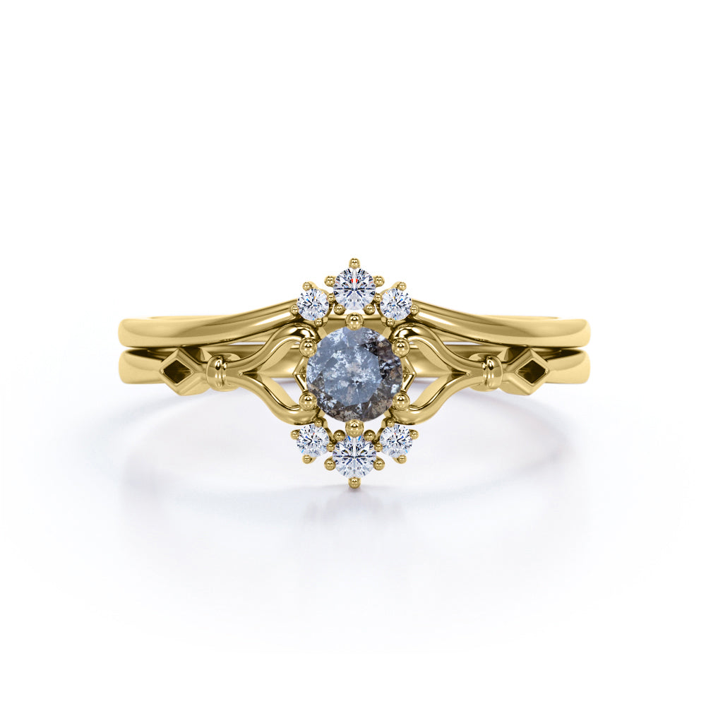 Modern Art Nouveau 0.60 Carat Round Druzy Black Rutilated Quartz and Diamond Solitaire Wedding Set Rings