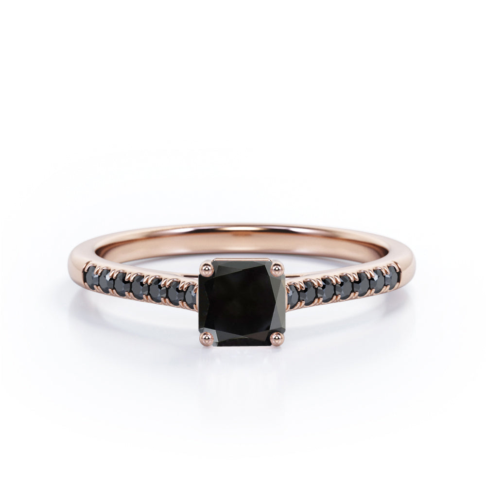 Four Prong Set - 1.25 TCW Princess Cut Lab Created Black Diamond - Scalloped Pave Engagement Ring in White Gold