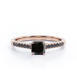 Four Prong Set - 1.25 TCW Princess Cut Lab Created Black Diamond - Scalloped Pave Engagement Ring in White Gold