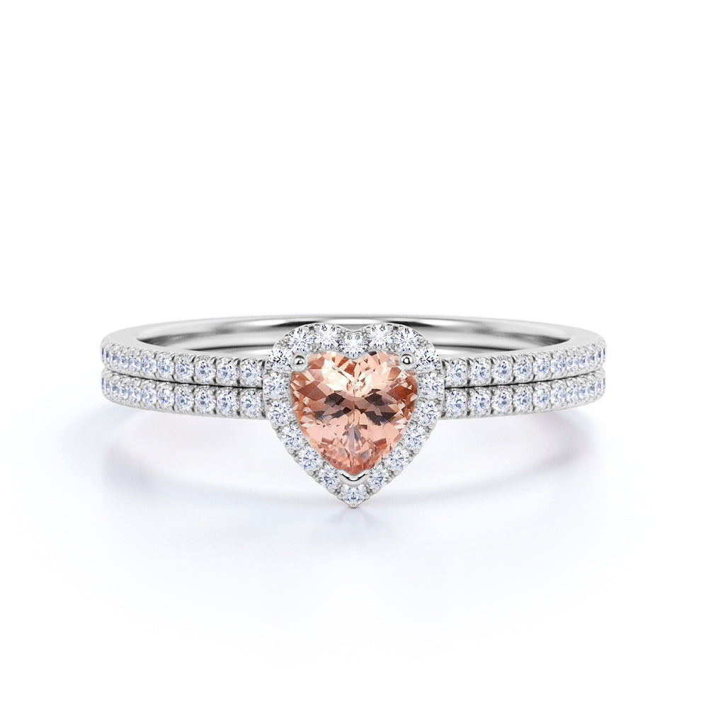 Handmade 1.75 Carat Heart Shape Peach Morganite and Diamond Bridal Set in Rose Gold