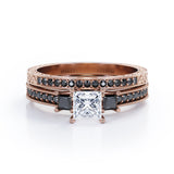 Art Deco 3-Stone 1.65 TCW Princess Cut Moissanite with Lab Created Black Diamond Cathedral Pave-Channel Wedding Ring Set in Rose Gold