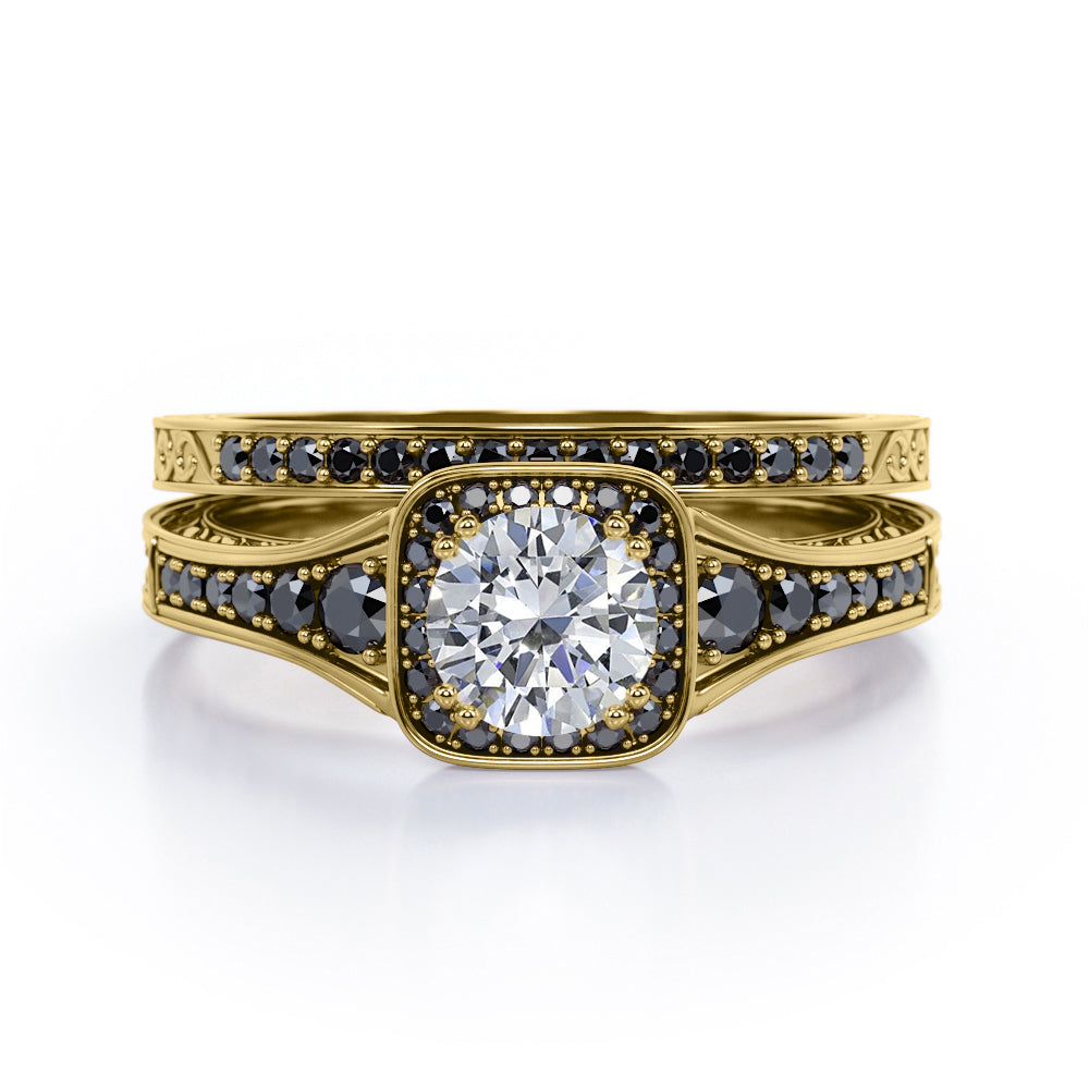 Filigree Pave Channel 0.65 TCW Round Diamond with Lab Created Black Diamond Double Prong Cluster Wedding Set in 10K White Gold